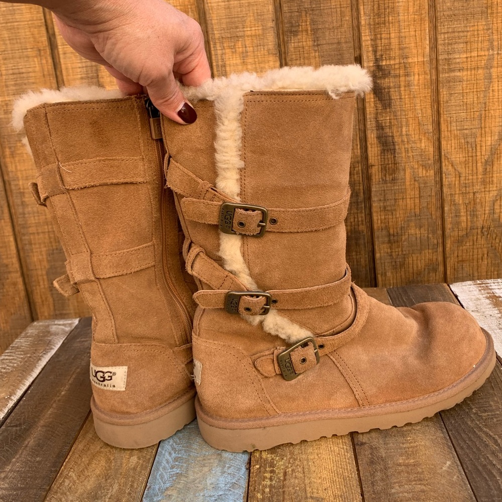 Ugg Maddi Suede Chestnut Brown Shearling Buckle Boots